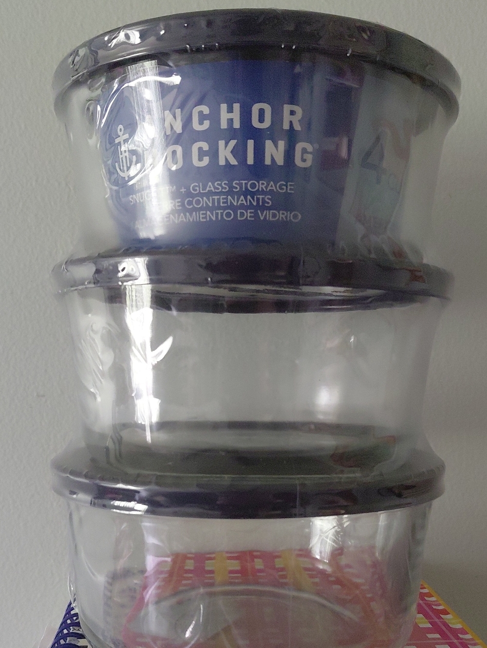 Anchor Hocking Snugfit Glass Storage 4 Cup With Blue Lids